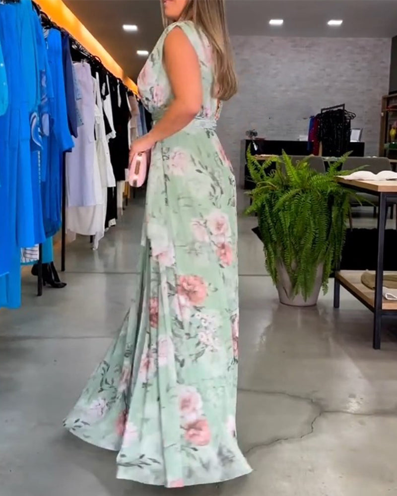 Elegante vestido sin mangas con escote en V y estampado floral