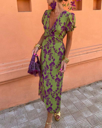 Elegant deep V puff sleeve trapeze dress with leaf print