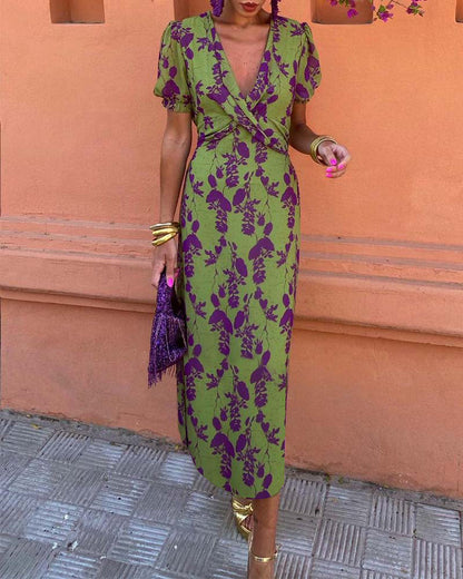 Elegant deep V puff sleeve trapeze dress with leaf print