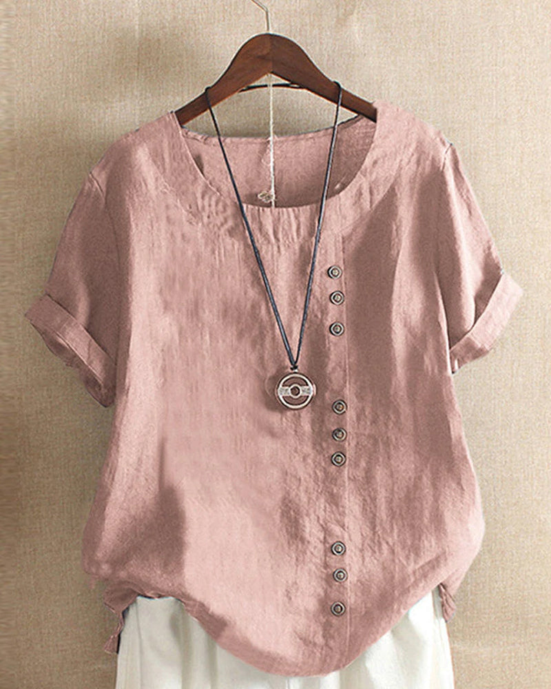 Solid Color Short Sleeve Buttoned T-shirt