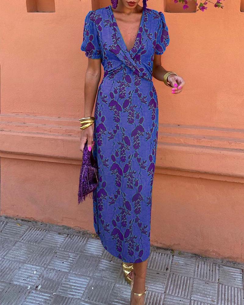 Elegant deep V puff sleeve trapeze dress with leaf print