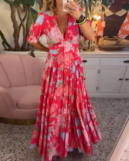 Vestidura con bolsillo y cuello en V estampado con flores