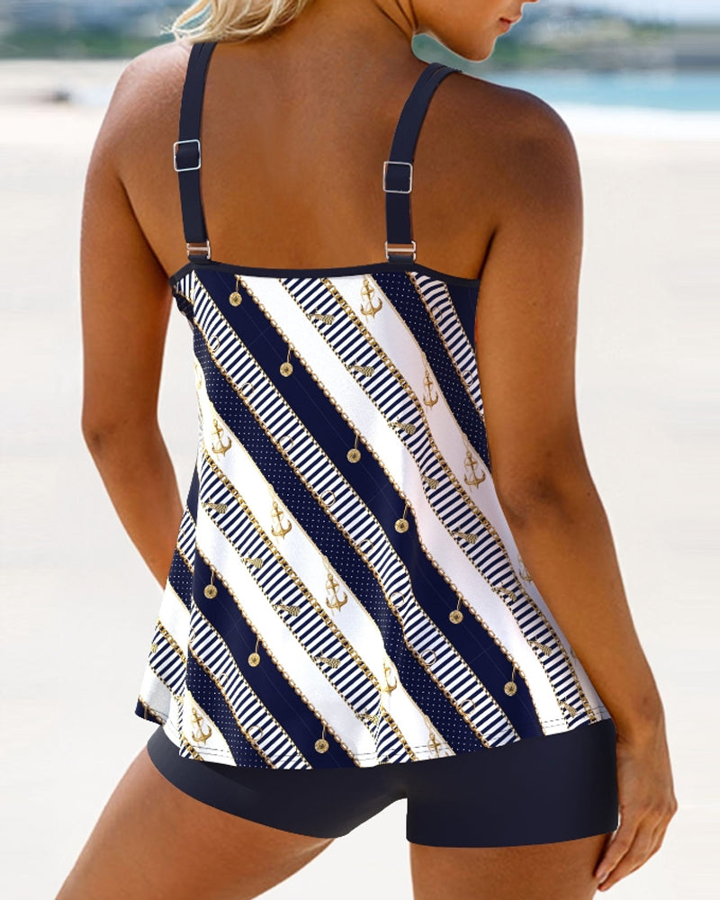 Conjunto de tankini estampado de dos piezas con rayas diagonales