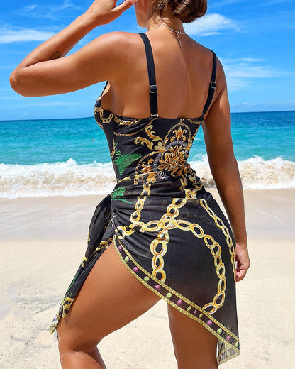 Traje de baño push-up de una pieza con estampado de cadenas y falda de playa