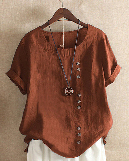 Solid Color Short Sleeve Buttoned T-shirt