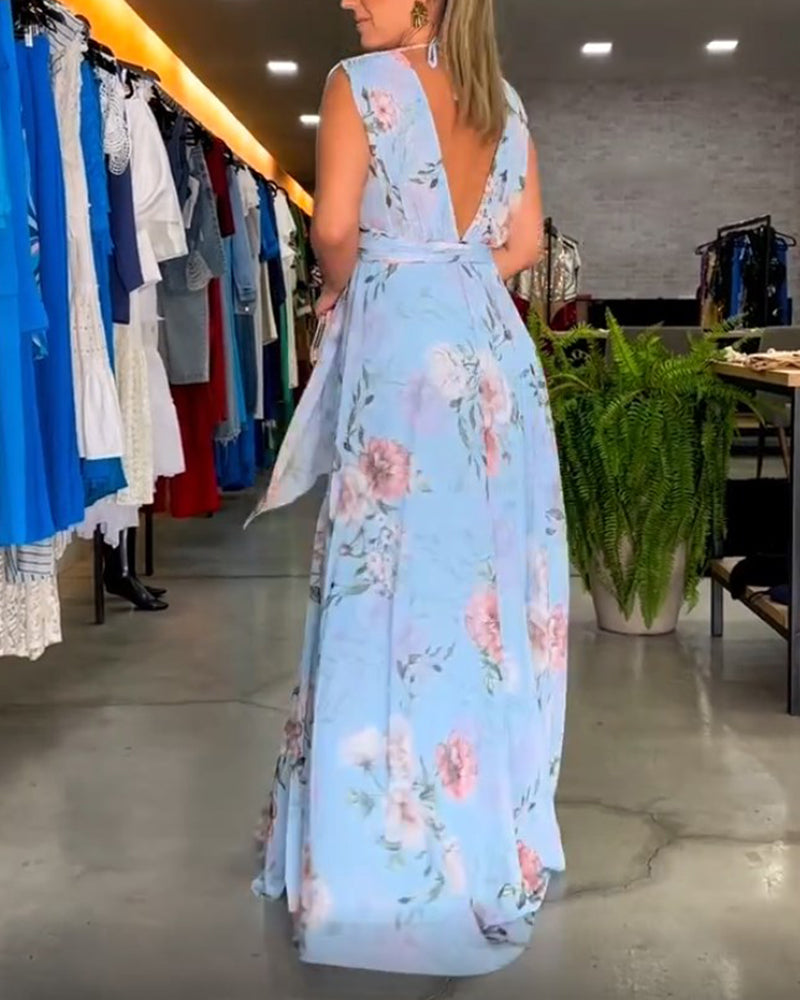 Elegante vestido sin mangas con escote en V y estampado floral