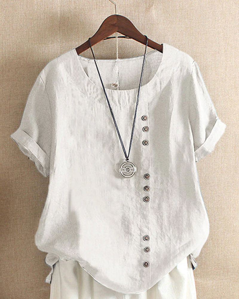 Solid Color Short Sleeve Buttoned T-shirt