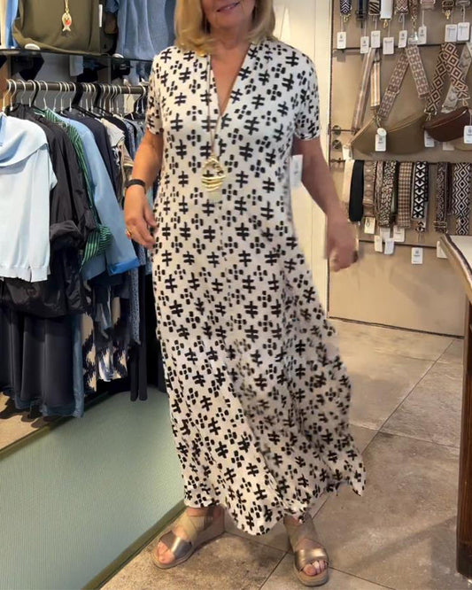 Casual printed maxi dress with V-neck and short sleeves