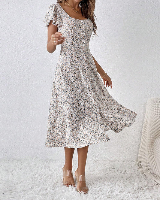 Floral short sleeve square neck dress